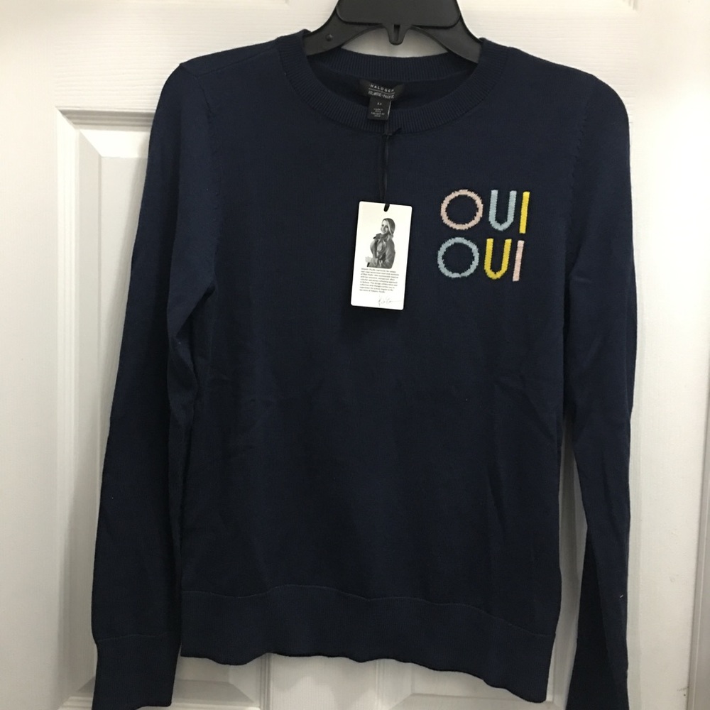 Halogen Navy Crewneck Sweater with Multicolor 'OUI OUI' Embroidery